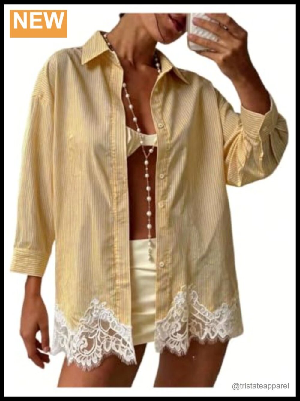 Women's Striped Button Down Long Sleeve Blouse with Lace Trim